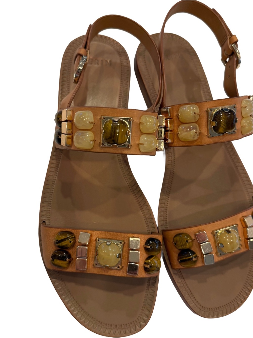 AERIN 2-strap Flat Leather Sandals W/ Tiger Eye & Amber Stones Sz 7 NEW